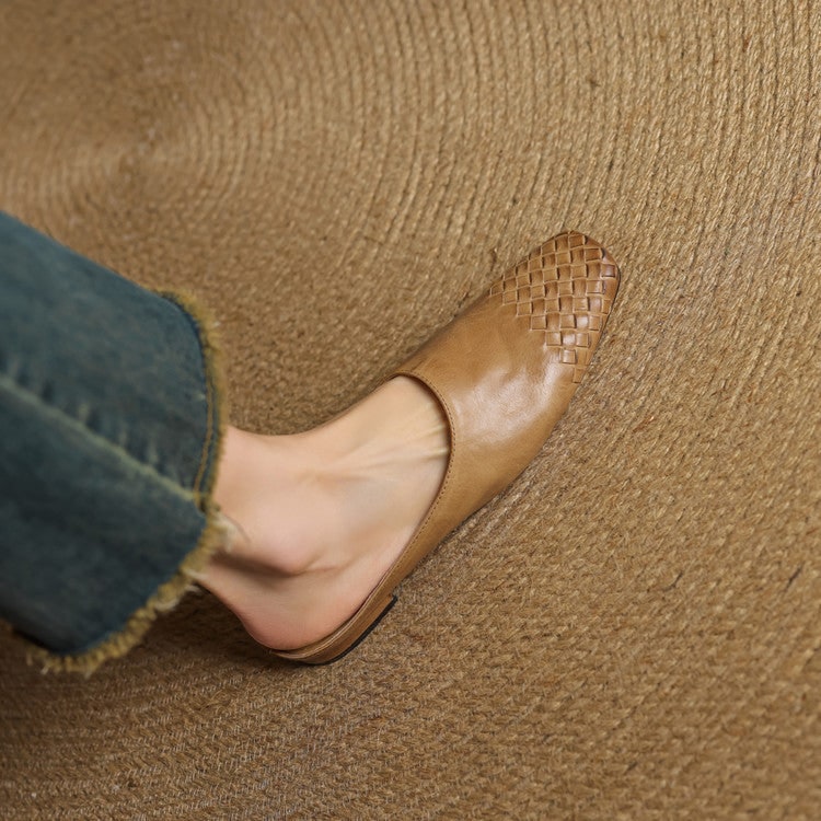 Women's Leather Slip-On Mules with Woven Basketweave and Square Toe