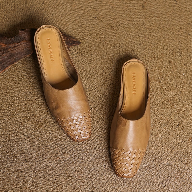 Women's Leather Slip-On Mules with Woven Basketweave and Square Toe