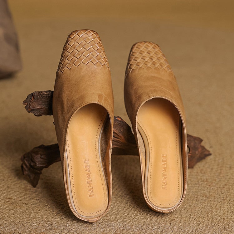 Women's Leather Slip-On Mules with Woven Basketweave and Square Toe