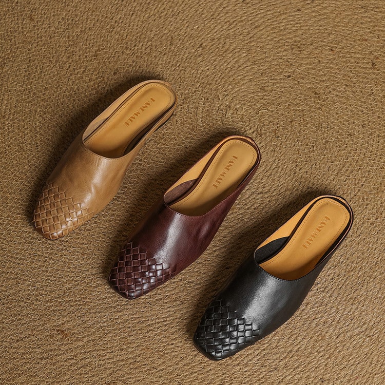 Women's Leather Slip-On Mules with Woven Basketweave and Square Toe