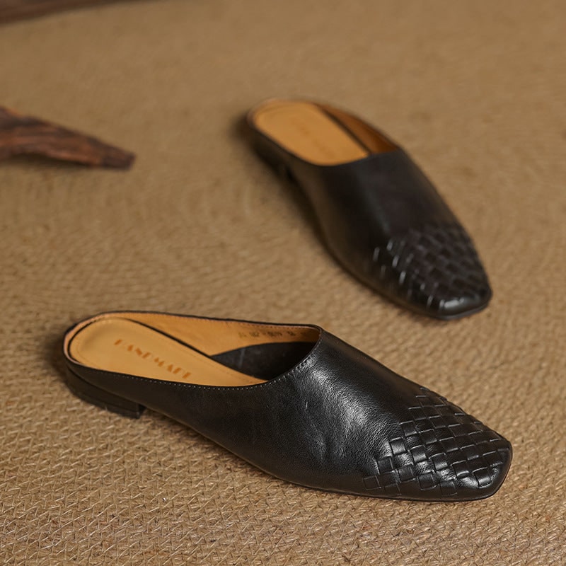 Women's Leather Slip-On Mules with Woven Basketweave and Square Toe