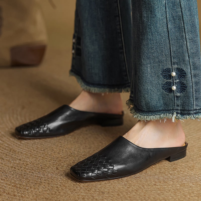 Women's Leather Slip-On Mules with Woven Basketweave and Square Toe