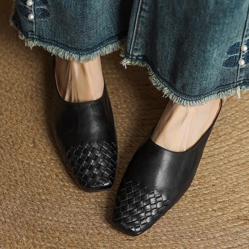 Women's Leather Slip-On Mules with Woven Basketweave and Square Toe
