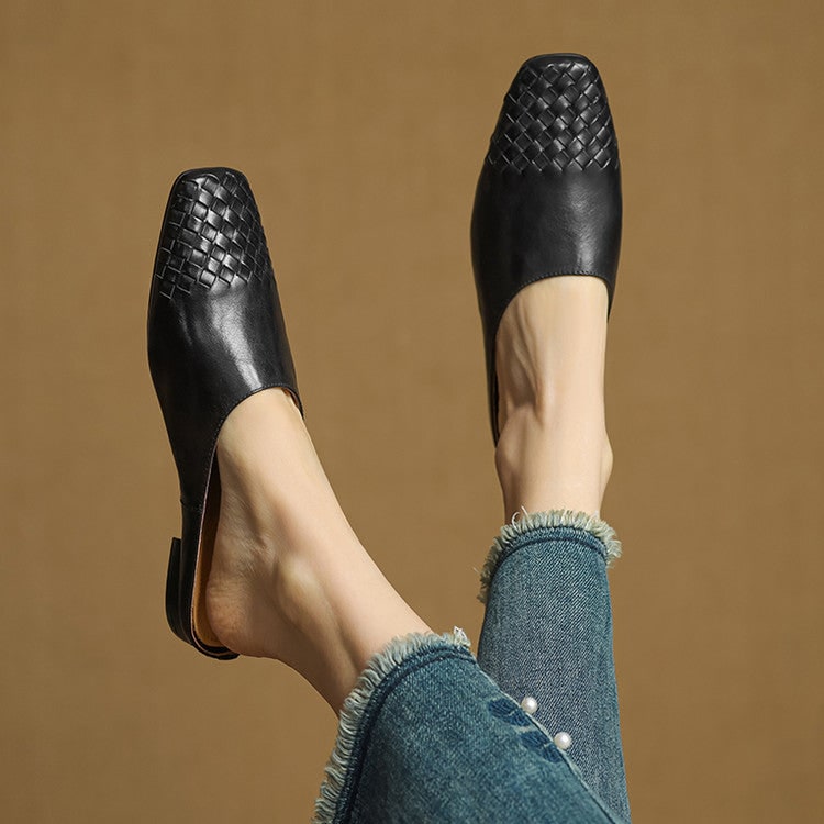 Women's Leather Slip-On Mules with Woven Basketweave and Square Toe