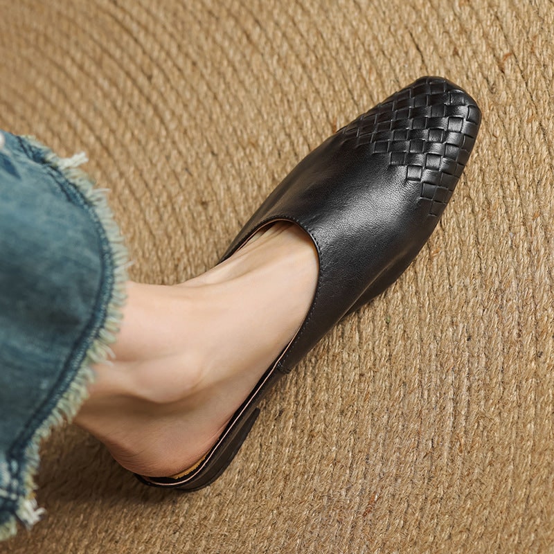 Women's Leather Slip-On Mules with Woven Basketweave and Square Toe