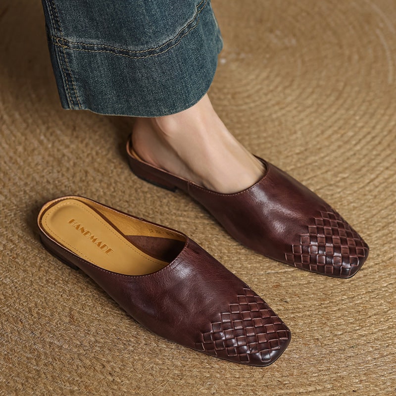 Women's Leather Slip-On Mules with Woven Basketweave and Square Toe