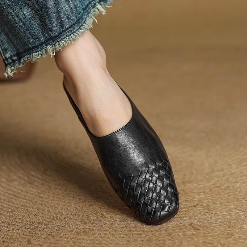 Women's Leather Slip-On Mules with Woven Basketweave and Square Toe