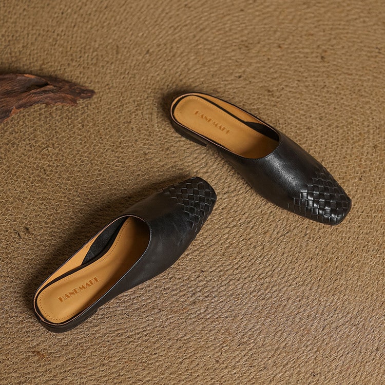 Women's Leather Slip-On Mules with Woven Basketweave and Square Toe