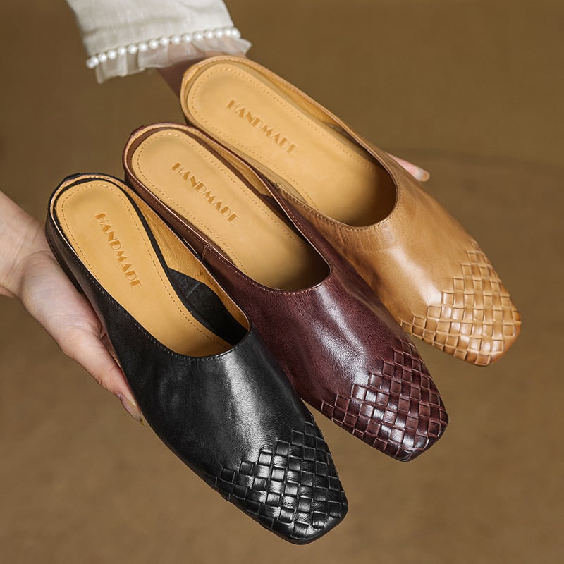 Women's Leather Slip-On Mules with Woven Basketweave and Square Toe