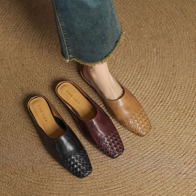 Women's Leather Slip-On Mules with Woven Basketweave and Square Toe