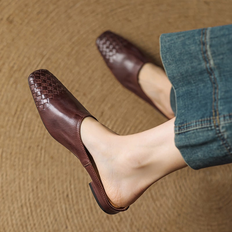 Women's Leather Slip-On Mules with Woven Basketweave and Square Toe