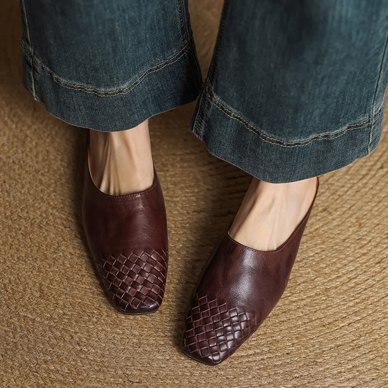 Women's Leather Slip-On Mules with Woven Basketweave and Square Toe