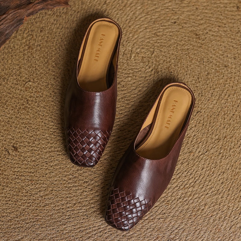Women's Leather Slip-On Mules with Woven Basketweave and Square Toe
