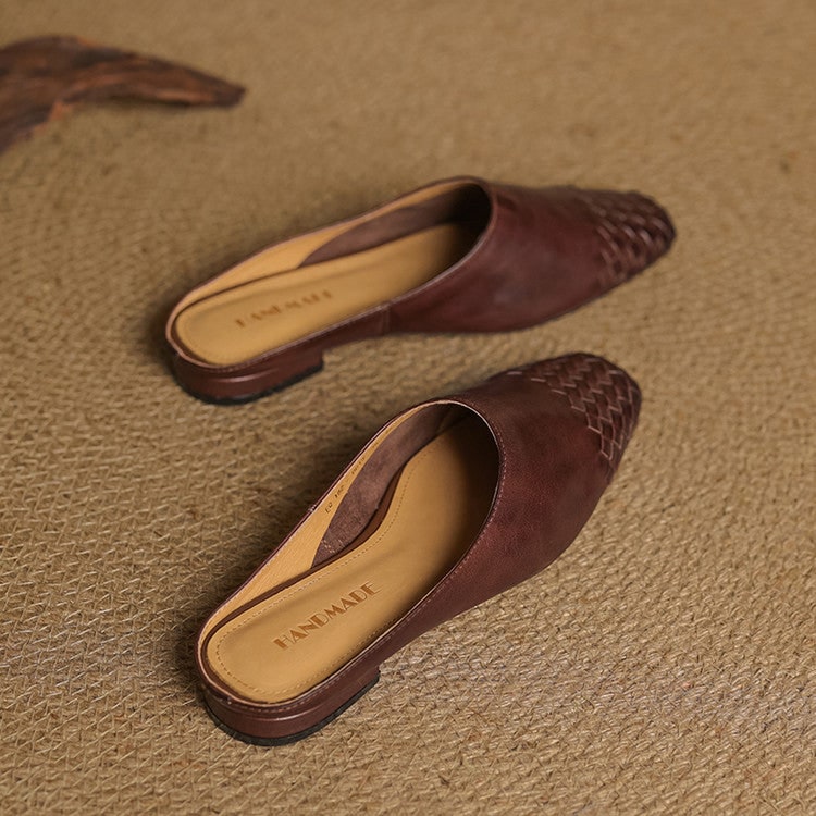Women's Leather Slip-On Mules with Woven Basketweave and Square Toe