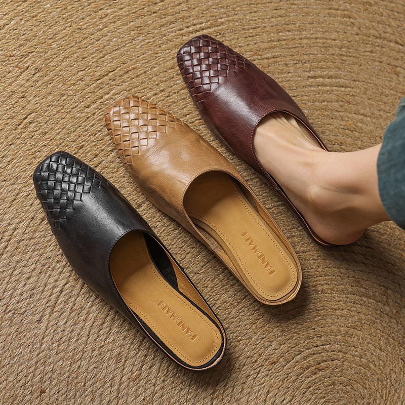 Women's Leather Slip-On Mules with Woven Basketweave and Square Toe
