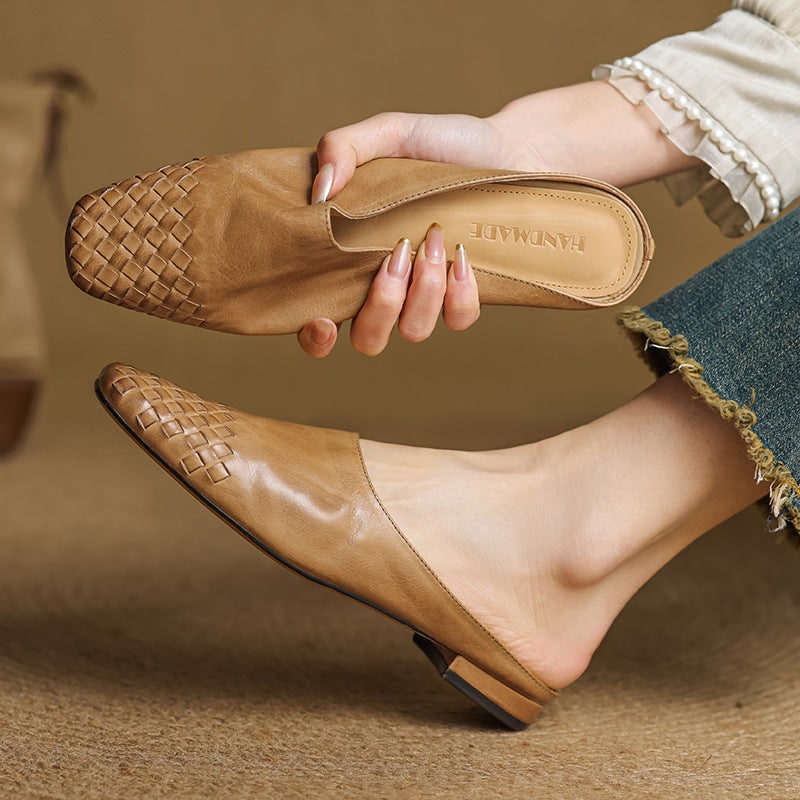 Women's Leather Slip-On Mules with Woven Basketweave and Square Toe