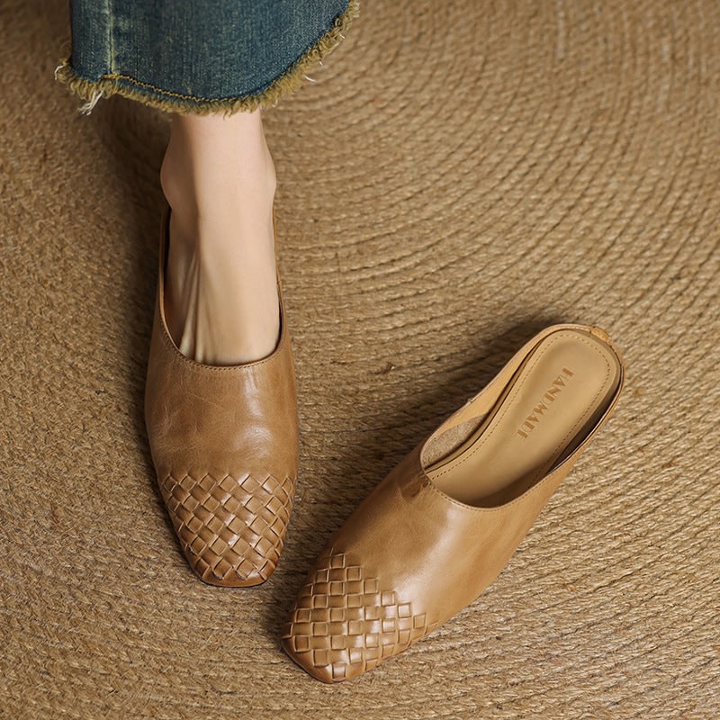 Women's Leather Slip-On Mules with Woven Basketweave and Square Toe
