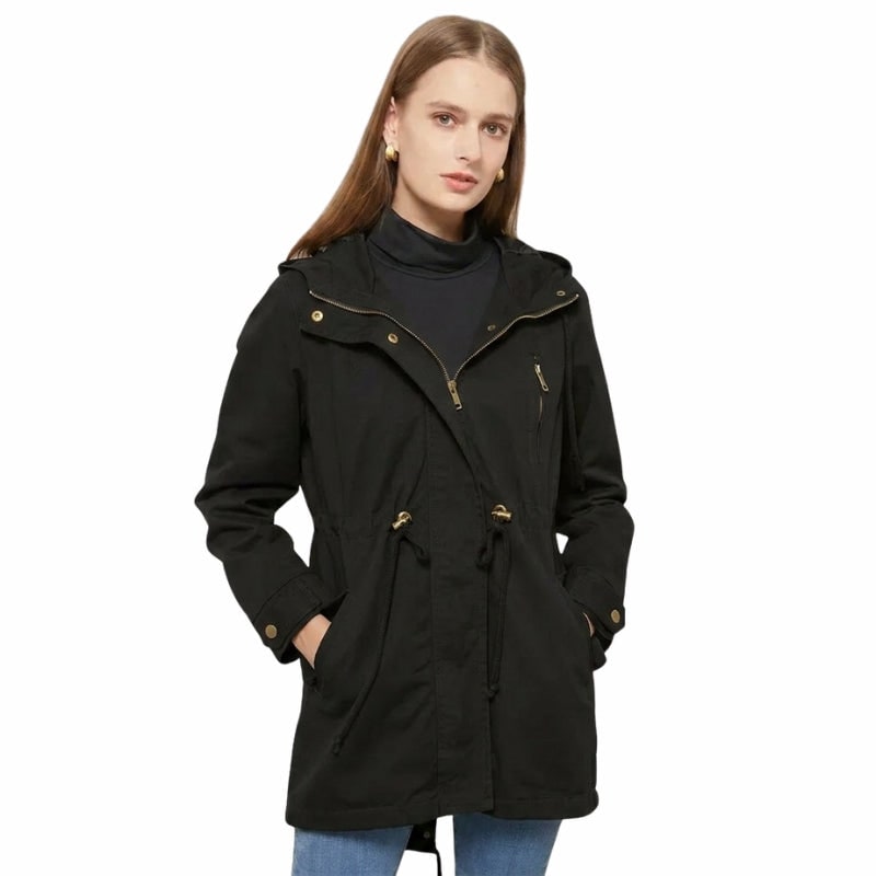 Women's Hooded Utility Jacket with Drawstring Waist and Zip Front