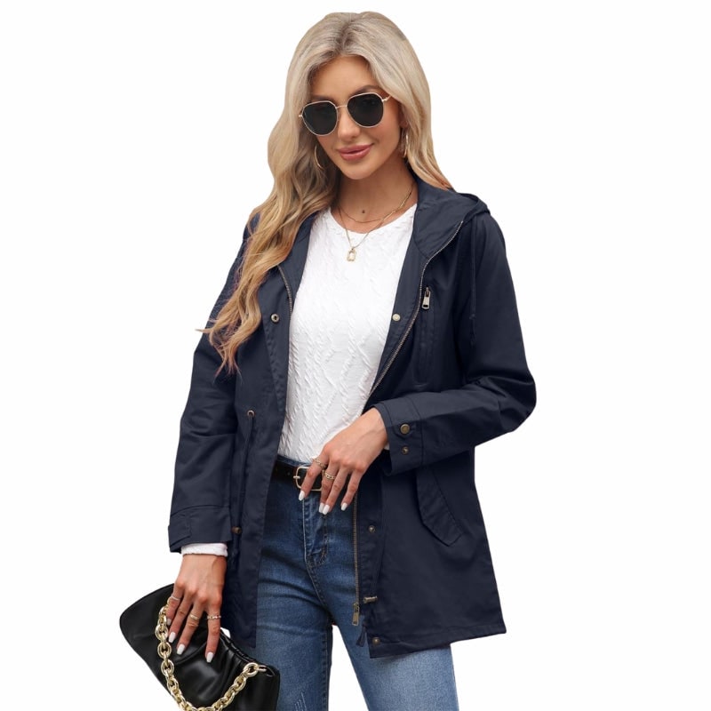 Women's Hooded Utility Jacket with Drawstring Waist and Zip Front