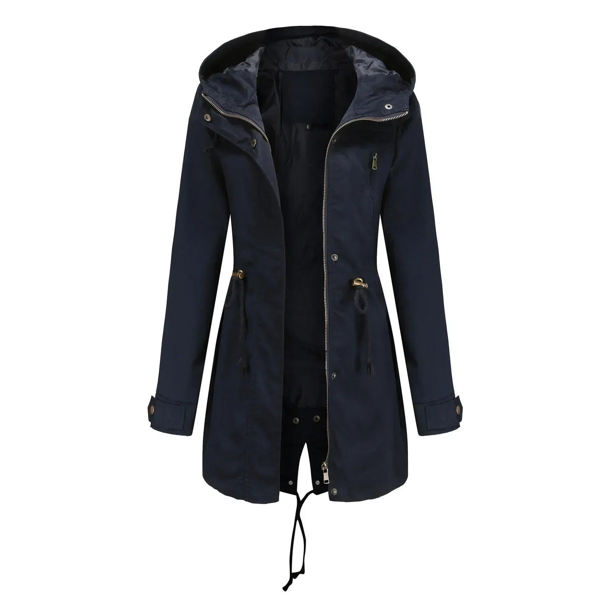 Women's Hooded Utility Jacket with Drawstring Waist and Zip Front