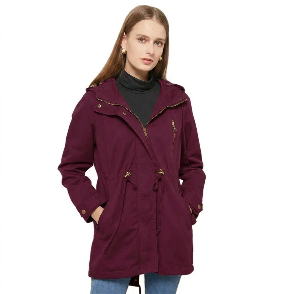 Women's Hooded Utility Jacket with Drawstring Waist and Zip Front