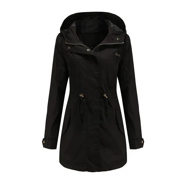 Women's Hooded Utility Jacket with Drawstring Waist and Zip Front