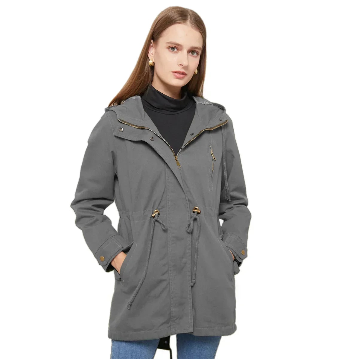 Women's Hooded Utility Jacket with Drawstring Waist and Zip Front
