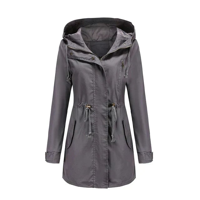 Women's Hooded Utility Jacket with Drawstring Waist and Zip Front