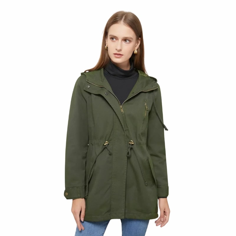 Women's Hooded Utility Jacket with Drawstring Waist and Zip Front