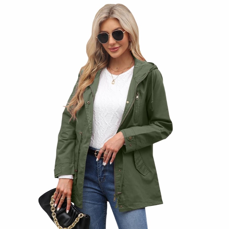 Women's Hooded Utility Jacket with Drawstring Waist and Zip Front