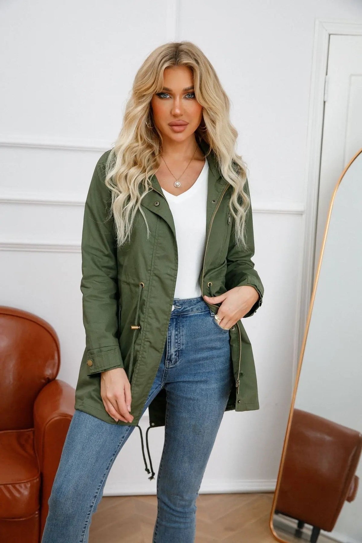 Women's Hooded Utility Jacket with Drawstring Waist and Zip Front