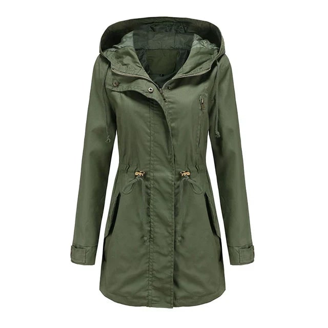 Women's Hooded Utility Jacket with Drawstring Waist and Zip Front
