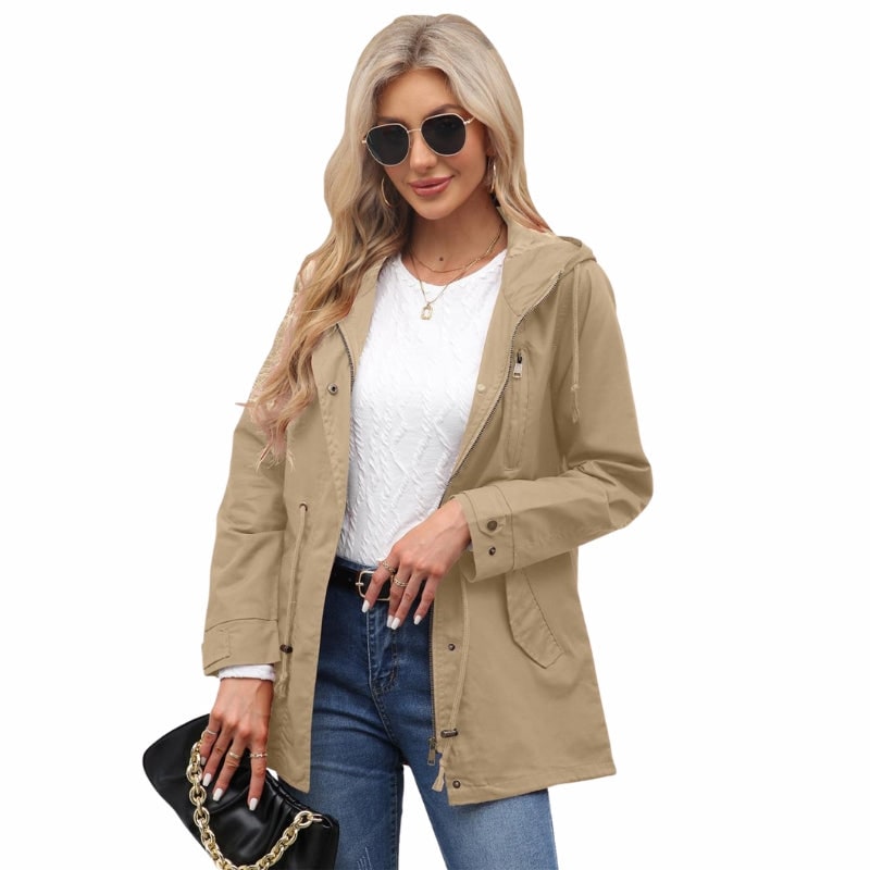 Women's Hooded Utility Jacket with Drawstring Waist and Zip Front