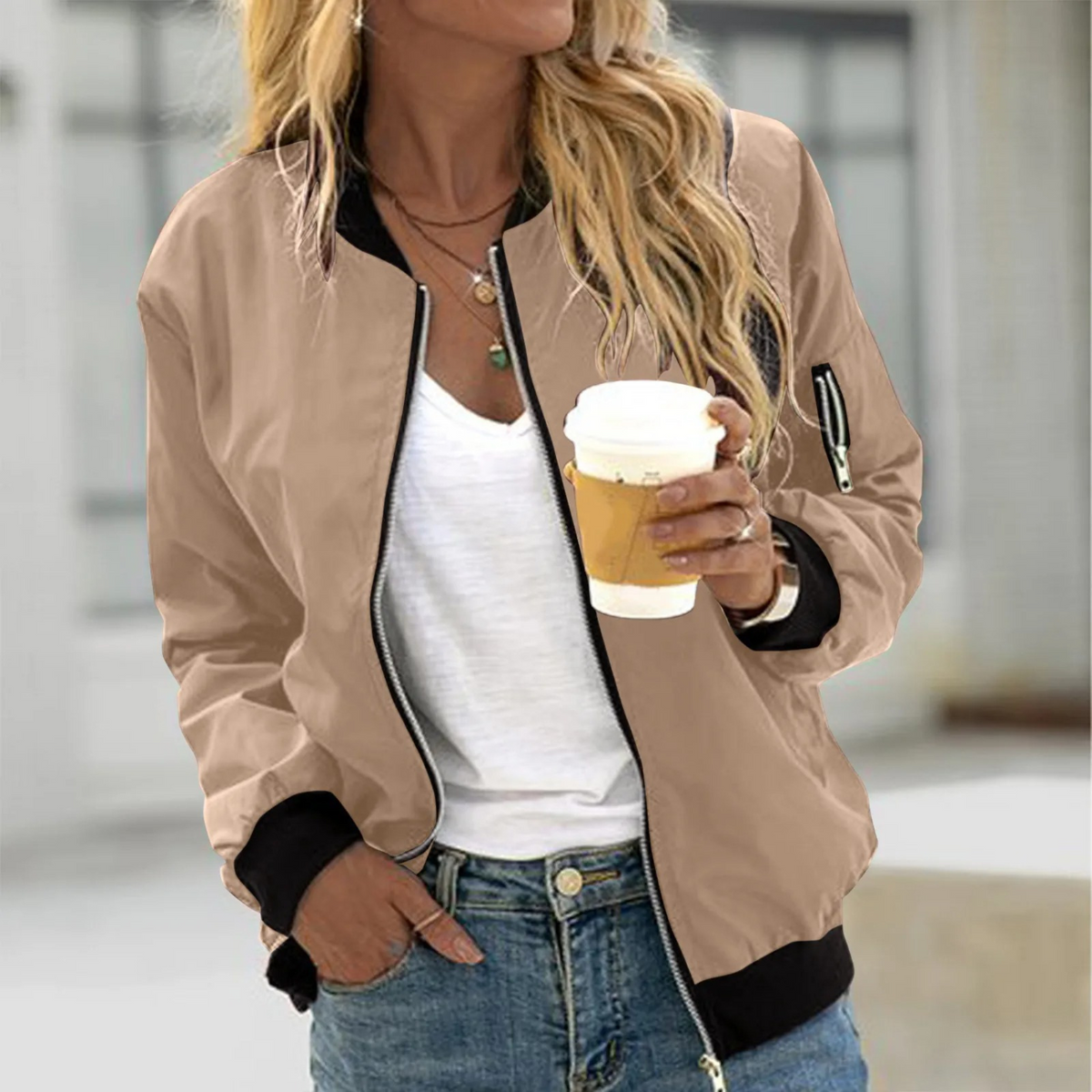 Women's Lightweight Bomber Jacket with Ribbed Trim and Zip Closure