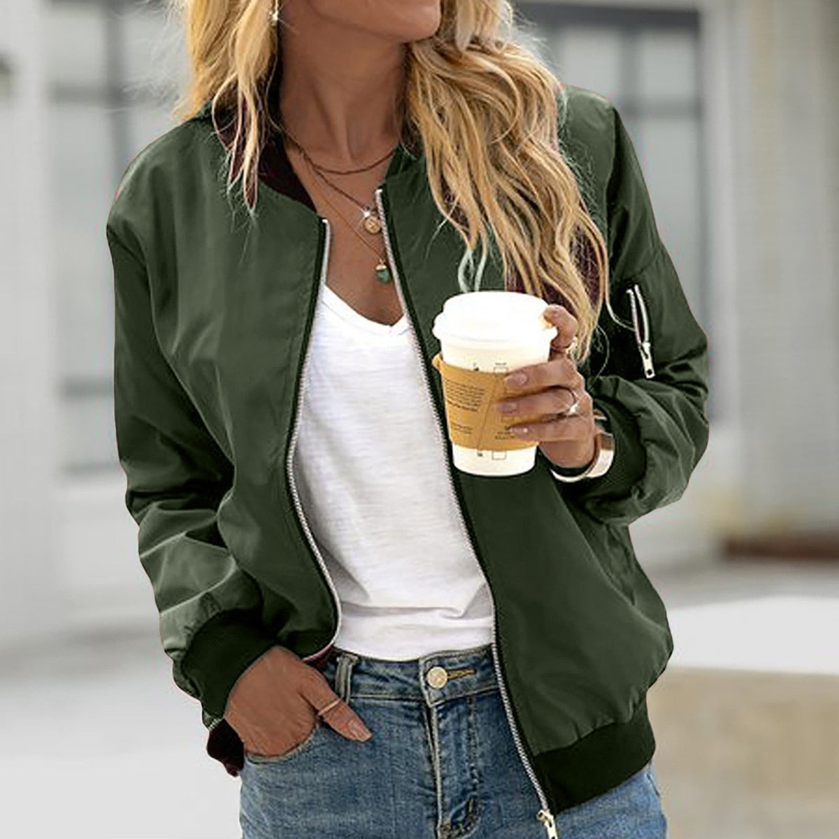 Women's Lightweight Bomber Jacket with Ribbed Trim and Zip Closure
