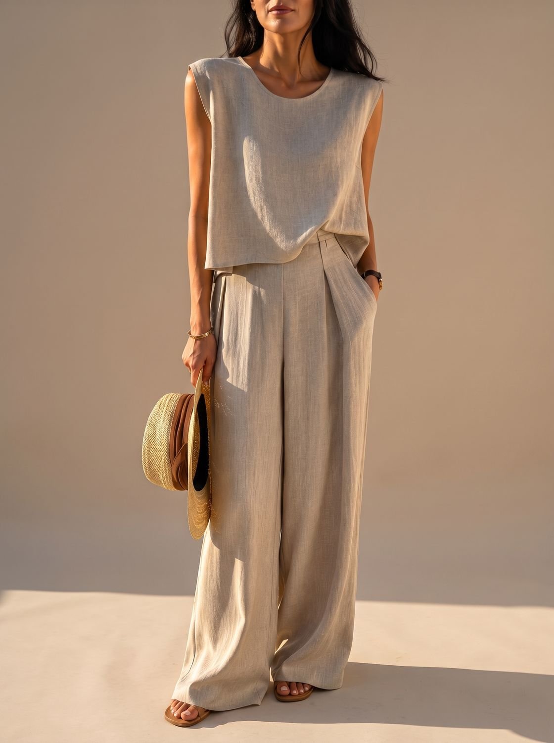 Victoria | Women's Linen-Blend Wide-Leg Pants Sleeveless Top Two-Piece Set