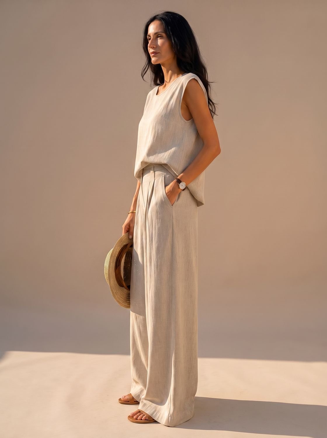 Victoria | Women's Linen-Blend Wide-Leg Pants Sleeveless Top Two-Piece Set