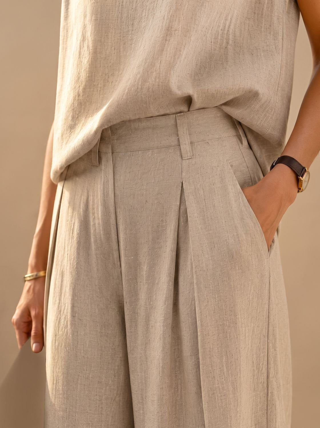 Victoria | Women's Linen-Blend Wide-Leg Pants Sleeveless Top Two-Piece Set