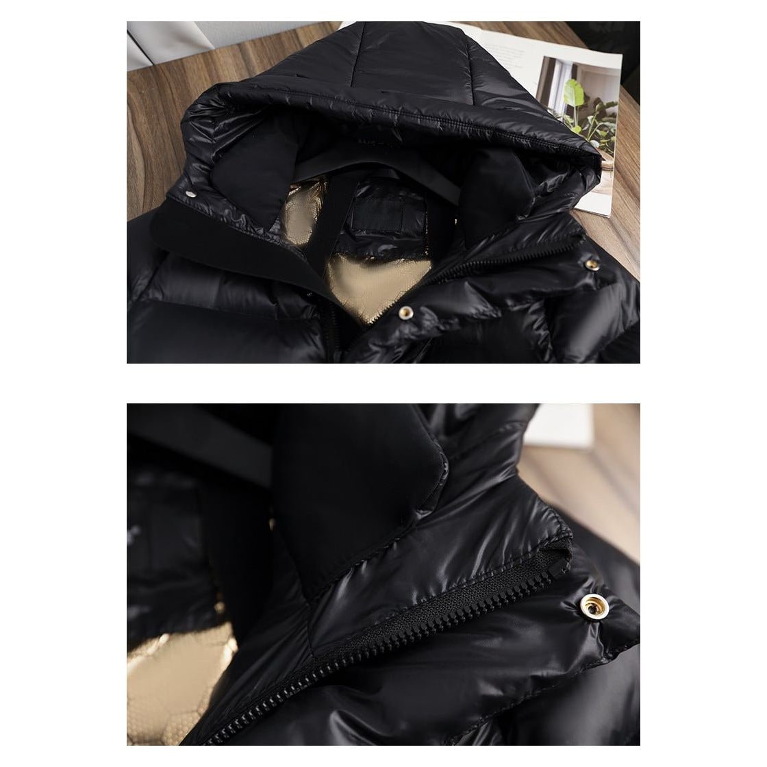 Women's Long Black Puffer Jacket with Hood Water-Resistant Quilted Winter Coat