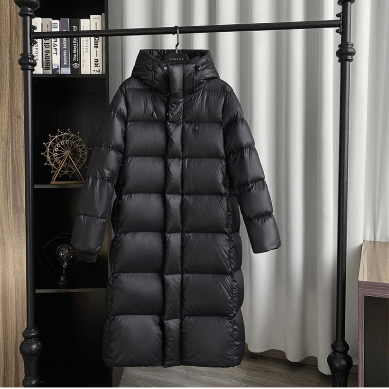 Women's Long Black Puffer Jacket with Hood Water-Resistant Quilted Winter Coat