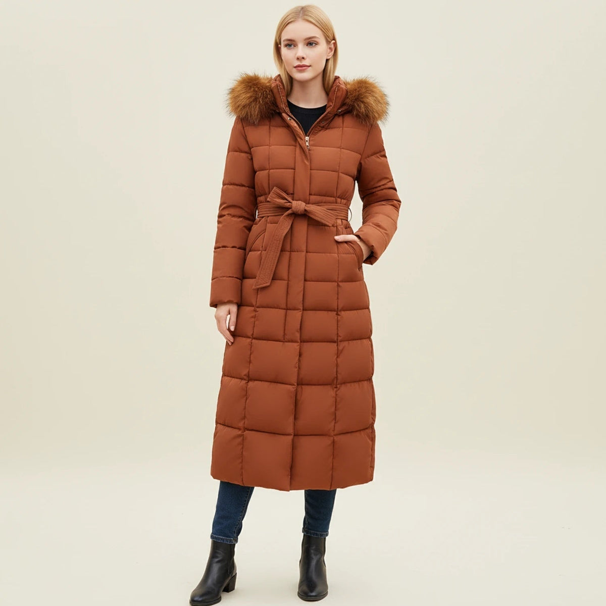 Women's Long Puffer Coat with Hooded Faux Fur Trim and Belted Waist