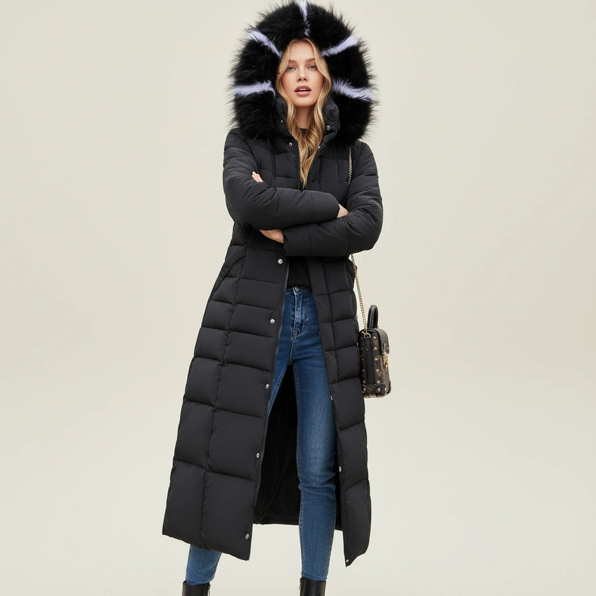 Women's Long Puffer Coat with Hooded Faux Fur Trim and Belted Waist