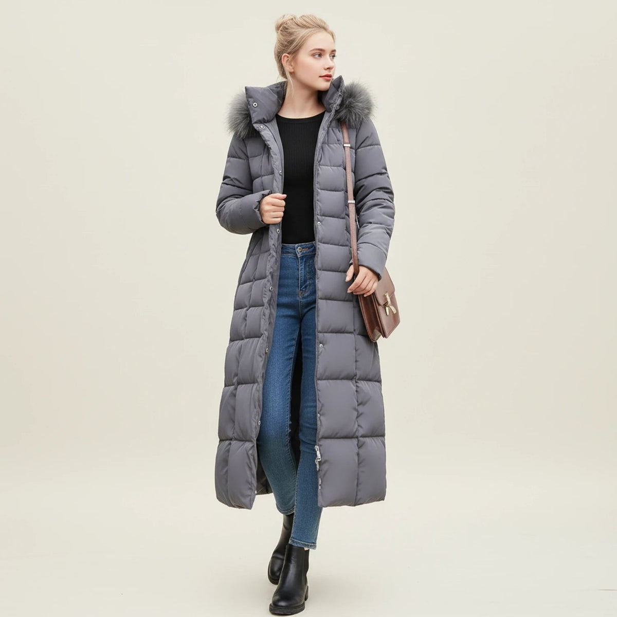 Women's Long Puffer Coat with Hooded Faux Fur Trim and Belted Waist