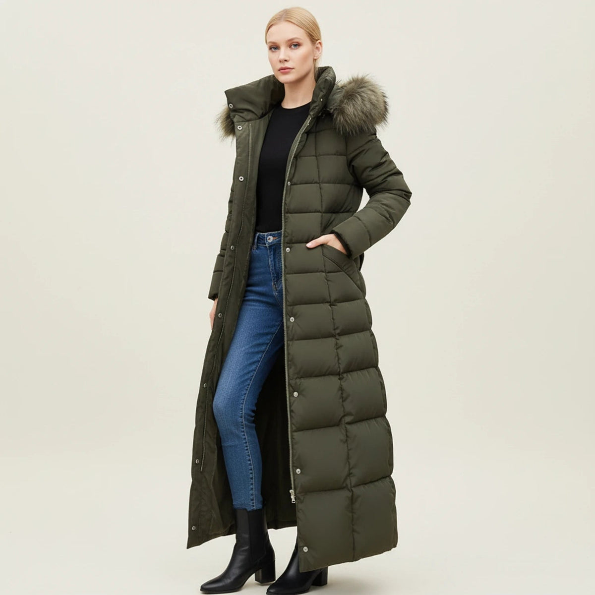 Women's Long Puffer Coat with Hooded Faux Fur Trim and Belted Waist