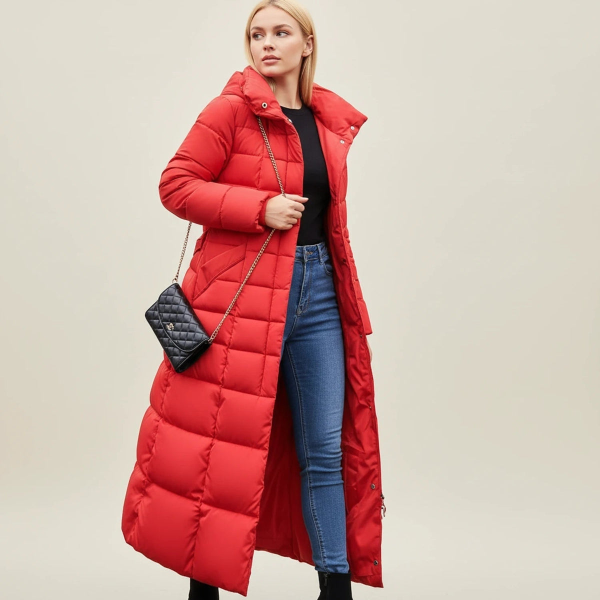 Women's Long Puffer Coat with Hooded Faux Fur Trim and Belted Waist