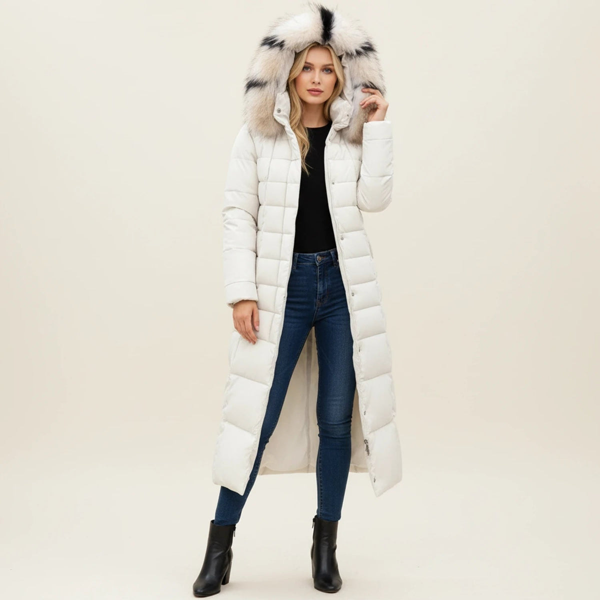Women's Long Puffer Coat with Hooded Faux Fur Trim and Belted Waist