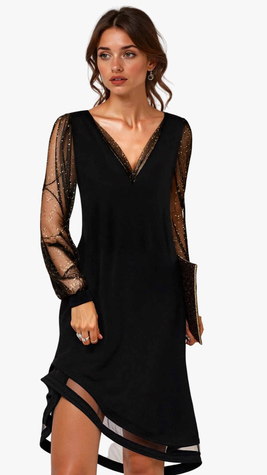 Women's Midi Dress with Sheer Sleeves and V-Neck