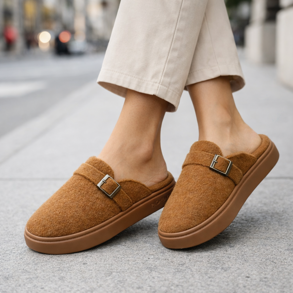Women's Mule Slippers Arch Support and Platform Sole Fleece Lined House with Buckle Strap