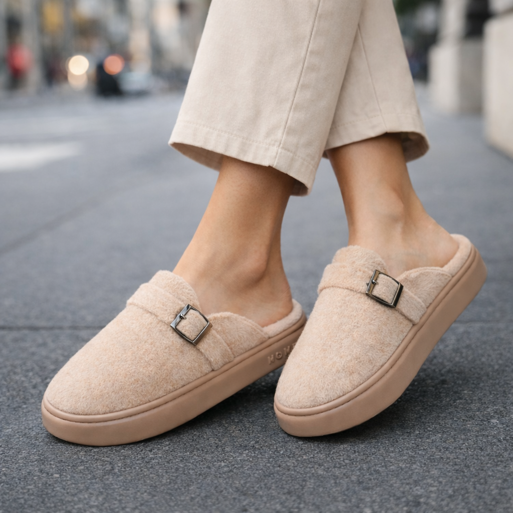 Women's Mule Slippers Arch Support and Platform Sole Fleece Lined House with Buckle Strap