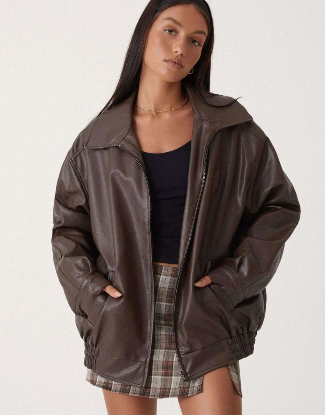 Sybil | Oversized Faux Leather Zip-Up Bomber Jacket